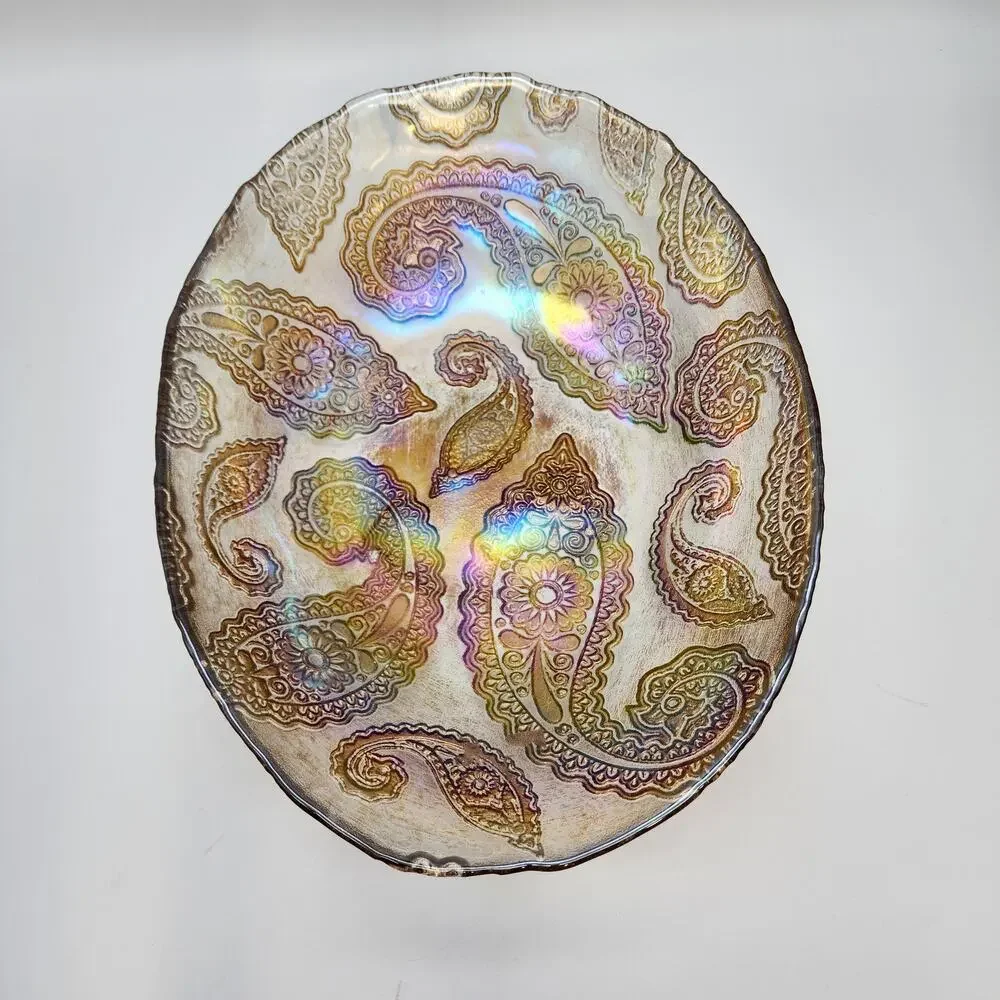 Paisley Carnival Glass Bowl Decorative Oval Embossed MCM Iridescent 9x12 Vintage